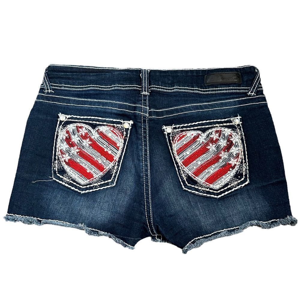 Wallflower USA American Flag Heart Pocket Dark Blue Denim Raw Hem Shorts